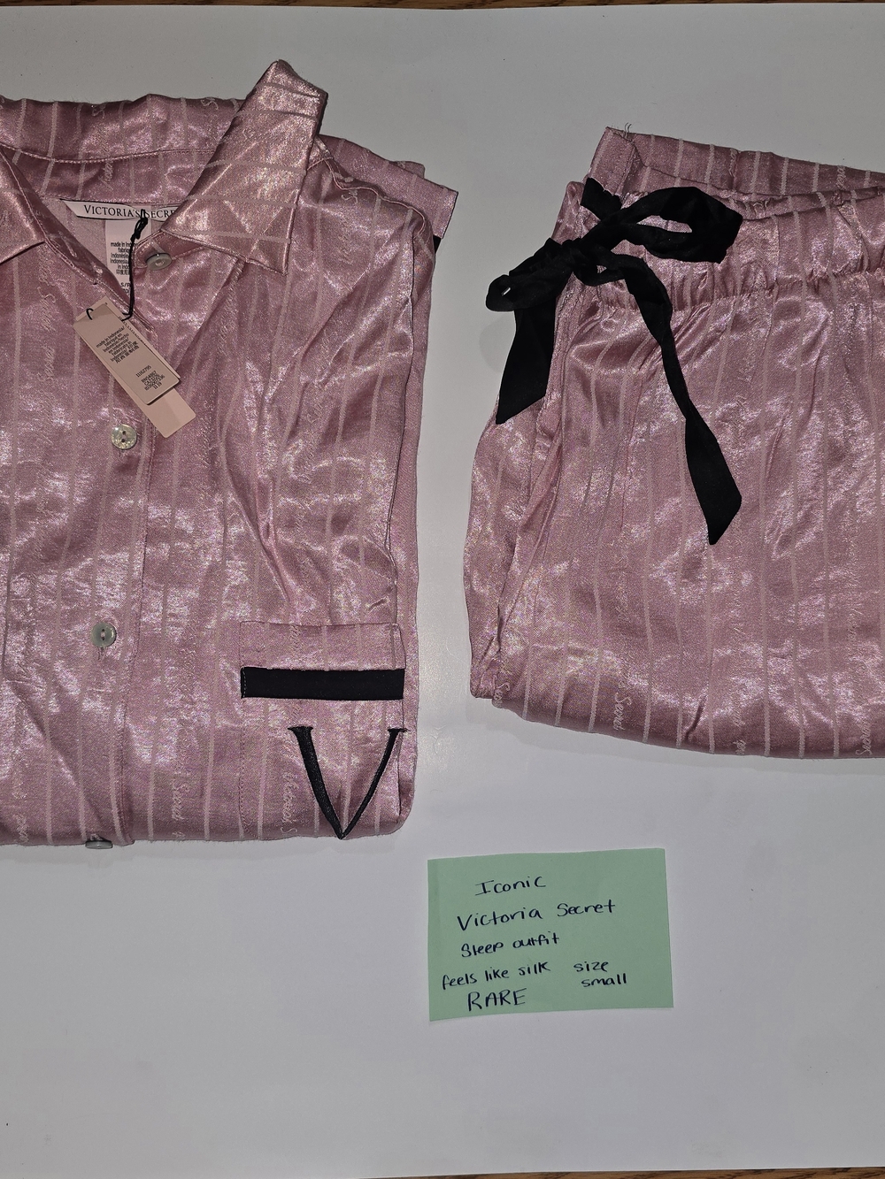 Victoria's Secret Pink Satin Stripe Pajama Set with Black Trim
